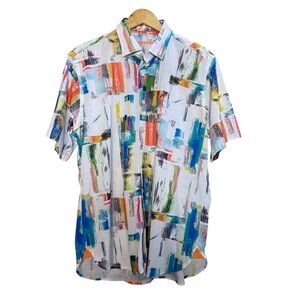 Williams & Kent Pique Knit Button Front Short Sleeve Shirt Abstract Large